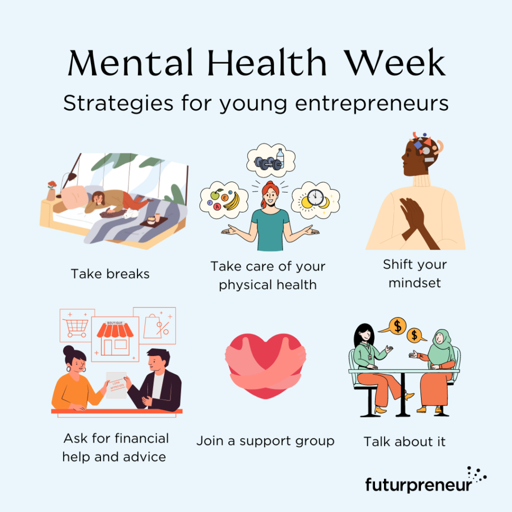 The text in the image reads: "Mental Health Week: Strategies for young entrepreneurs - Take breaks; - Shift your mindset; - Take care of your physical health; - Ask for financial help and advice; - Join a support group; or - Talk about it".